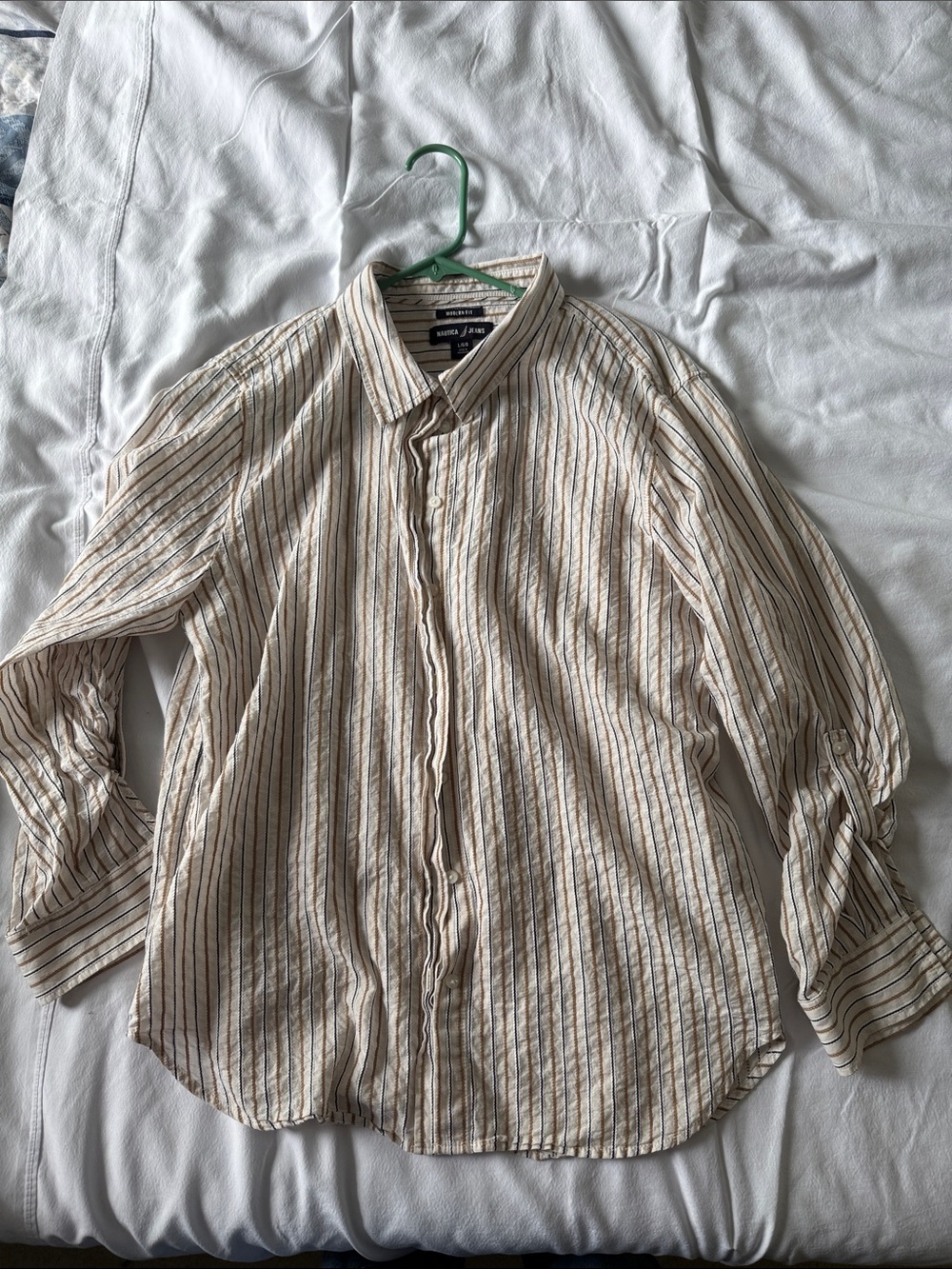 Nautica Women's Cream Striped Button-Down Shirt with Brown and Navy Lines